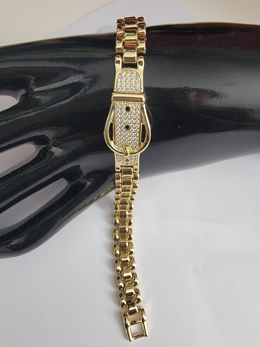 Gold Toned Buckle Bracelet with Pave Accents